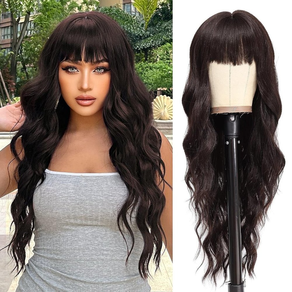 26 Inches Women Long Dark Brown Synthetic Curly Wavy Heat Resistant Wigs